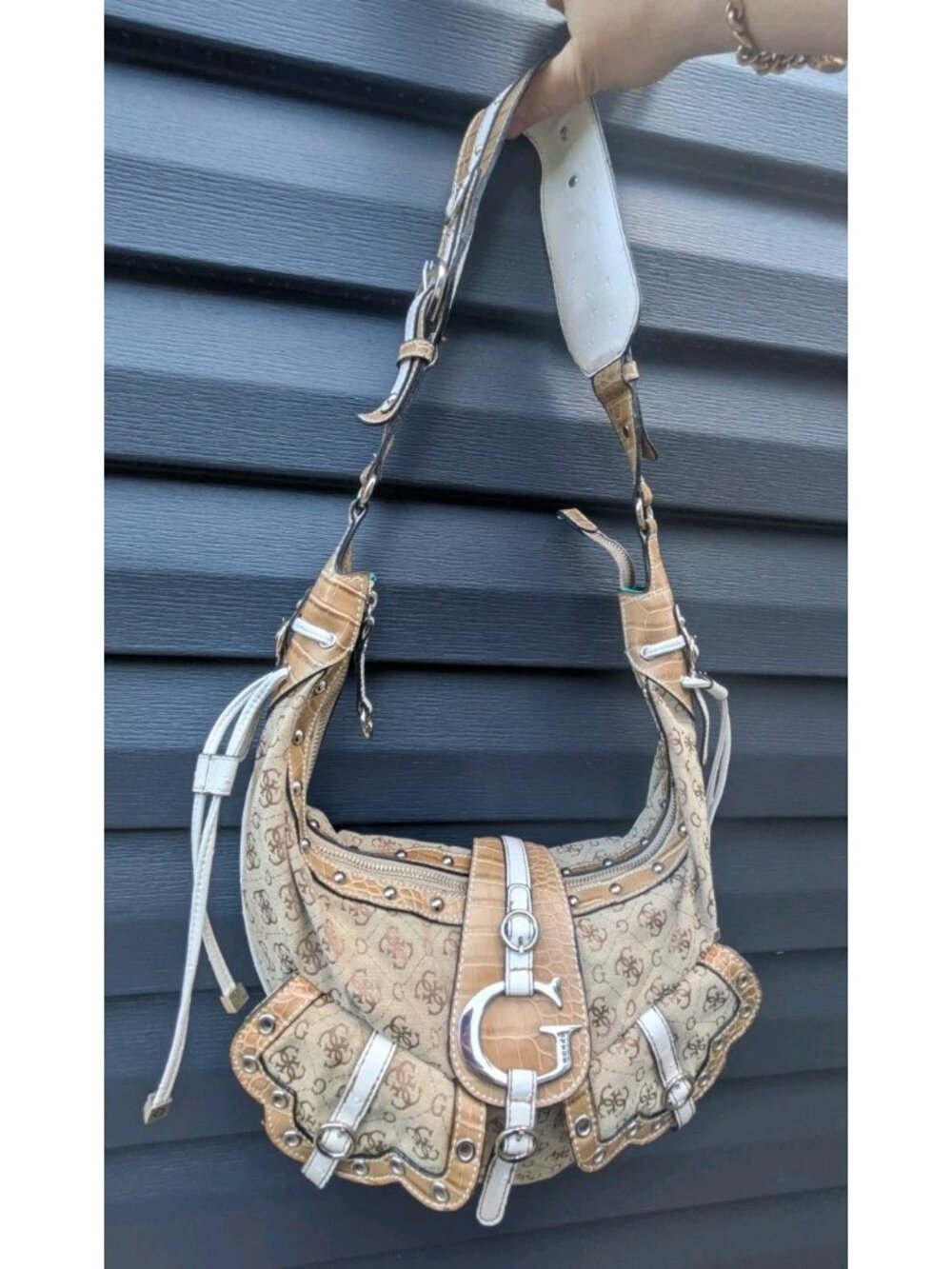 Rare Vintage Y2K GUESS Croc Embossed Hobo Shoulder Bag Brown Turquoise Nikita